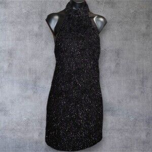 Cocktail Dress Womens XS Black Fuzzy Halter Sheath Mini Glitter Party Bodycon
